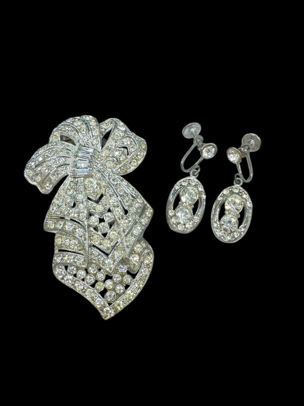 Vintage Art Deco Clear Pave Rhinestone Dress Clip & Screw Back Earrings